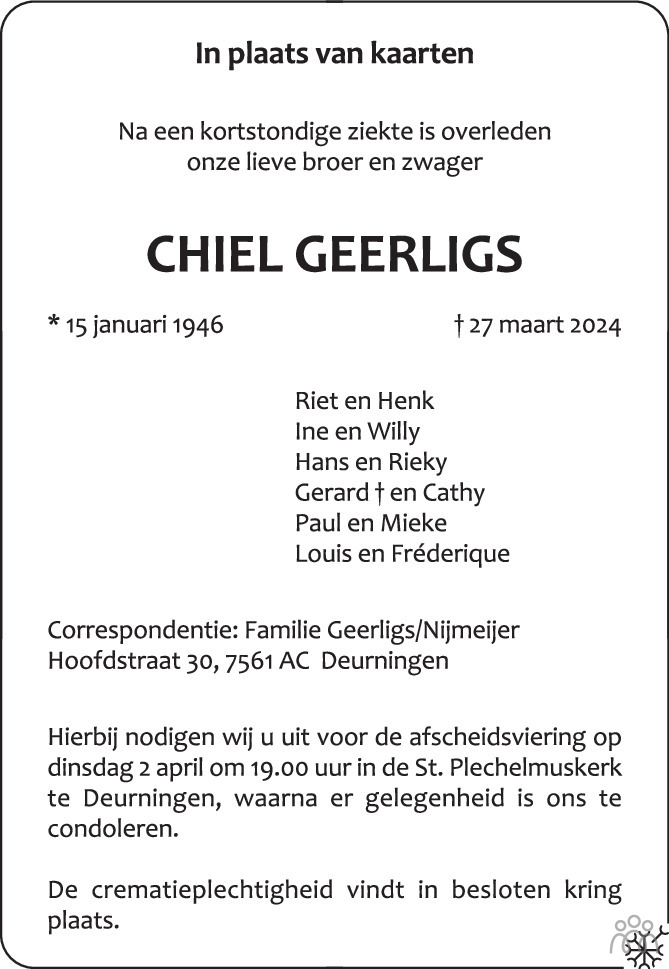 Chiel Geerligs 27 03 2024 Overlijdensbericht En Condoleances