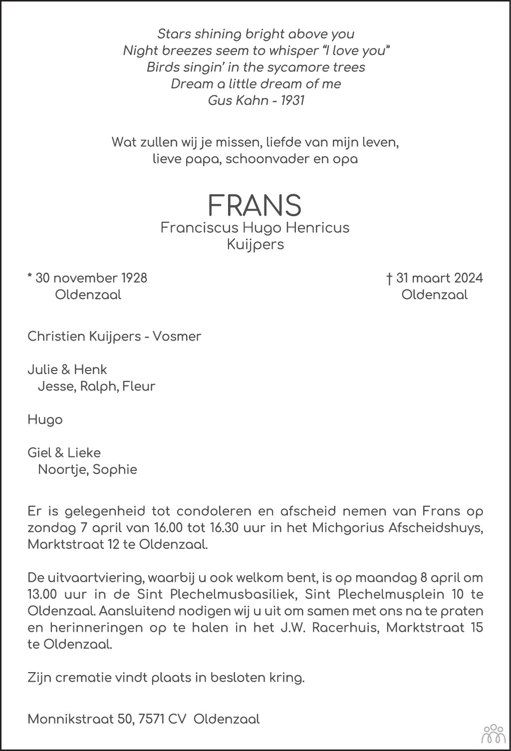 Frans (Franciscus Hugo Henricus) Kuijpers 31-03-2024 overlijdensbericht ...