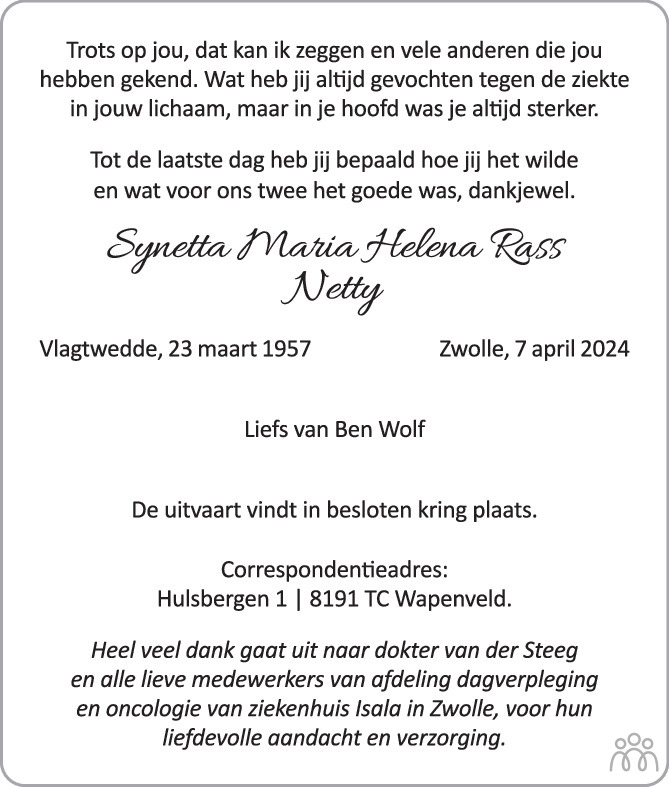 Netty (Synetta Maria Helena) Rass 07-04-2024 overlijdensbericht en ...