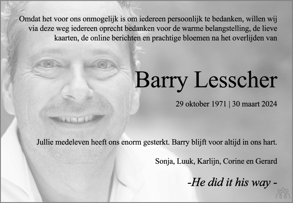Barry (Gerardus Maria) Lesscher 30-03-2024 overlijdensbericht en