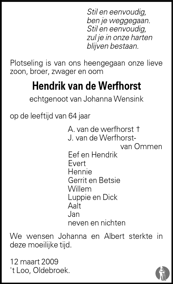 Hendrik van de Werfhorst 12-03-2009 overlijdensbericht en condoleances ...