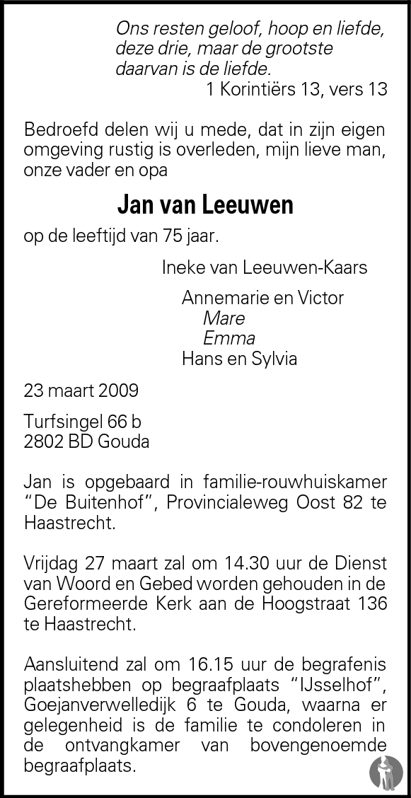 Jan van Leeuwen 23-03-2009 overlijdensbericht en condoleances ...