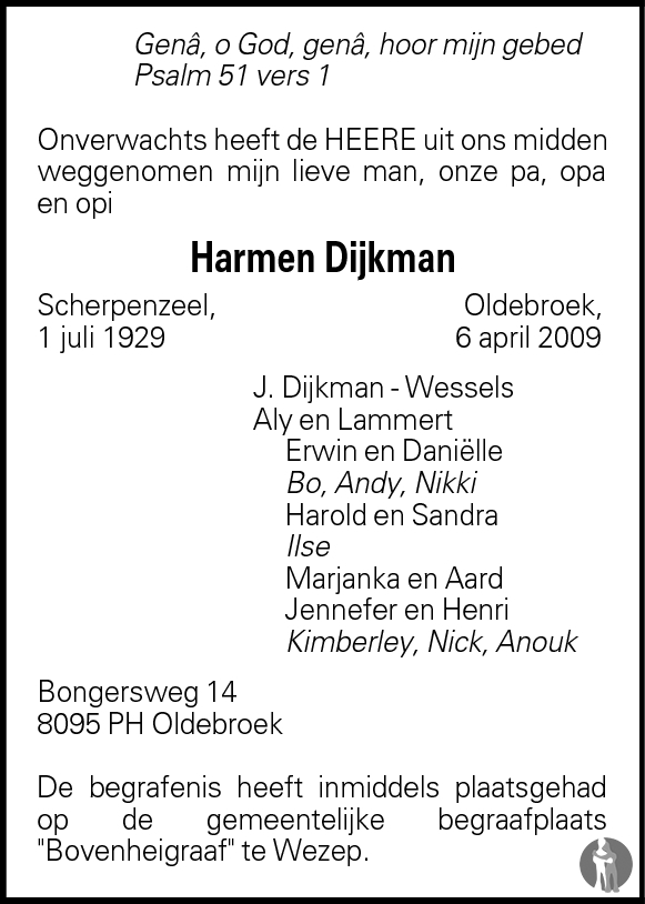 Harmen Dijkman 06-04-2009 overlijdensbericht en condoleances ...