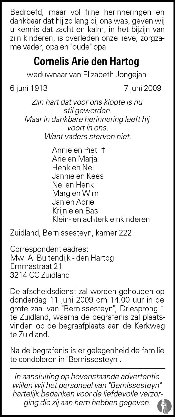 Cornelis Arie den Hartog 07062009 overlijdensbericht en condoleances