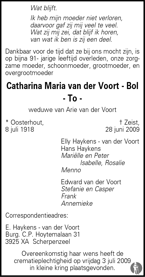 Catharina Maria (To) van der Voort - Bol 28-06-2009 overlijdensbericht ...