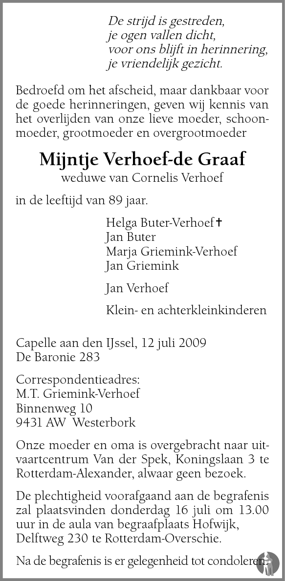 Mijntje Verhoef - de Graaf 12-07-2009 overlijdensbericht en ...