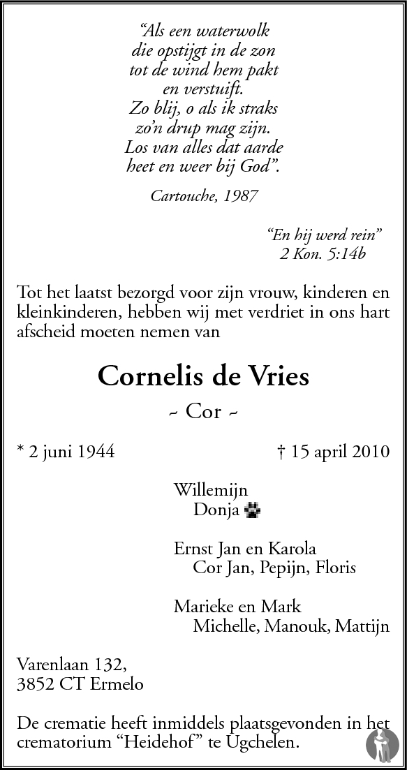 Cornelis (Cor) de Vries 15042010 overlijdensbericht en condoleances
