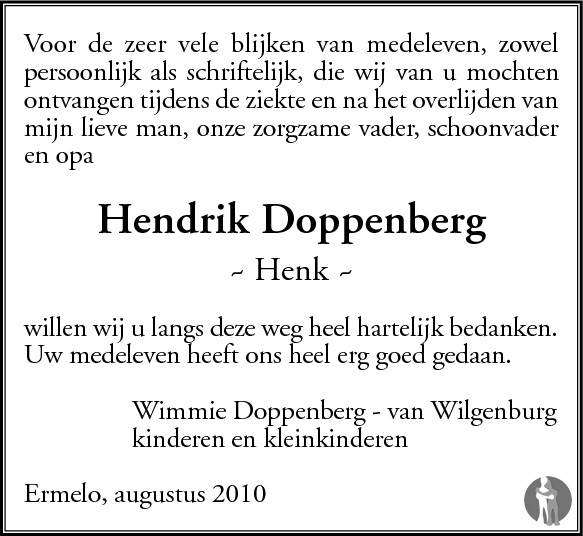 Hendrik (Henk) Doppenberg 18-07-2010 overlijdensbericht en condoleances ...