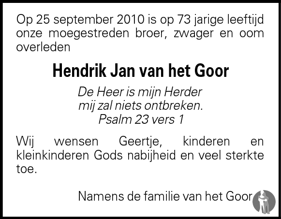 Hendrik Jan van het Goor 25-09-2010 overlijdensbericht en condoleances ...