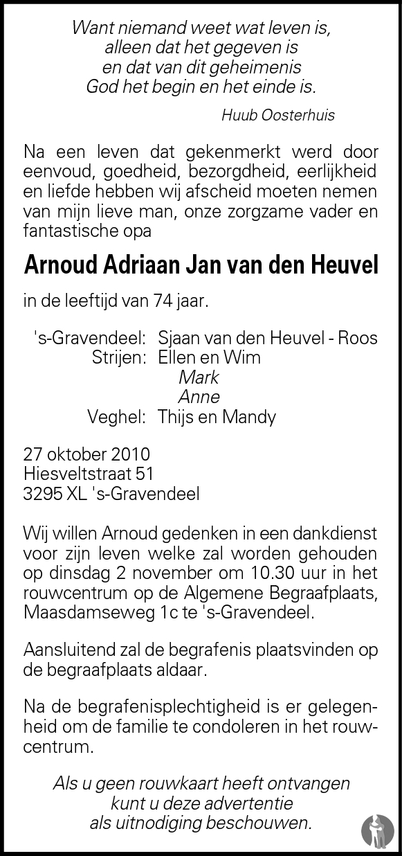 Arnoud Adriaan Jan van den Heuvel 27-10-2010 overlijdensbericht en ...