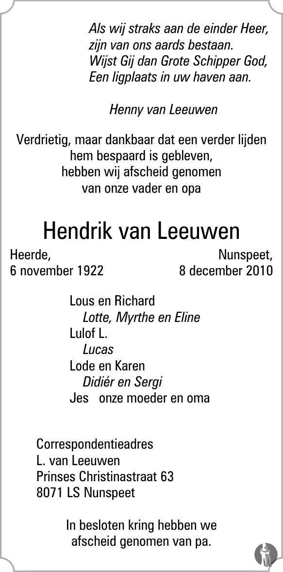 Hendrik van Leeuwen 08-12-2010 overlijdensbericht en condoleances ...