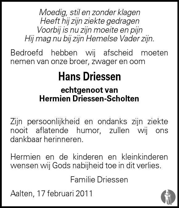 Johannes Hendrikus Hans Driessen 17 02 2011 Overlijdensbericht En