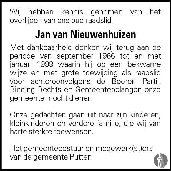 Jan van Nieuwenhuizen 13082011 overlijdensbericht en condoleances