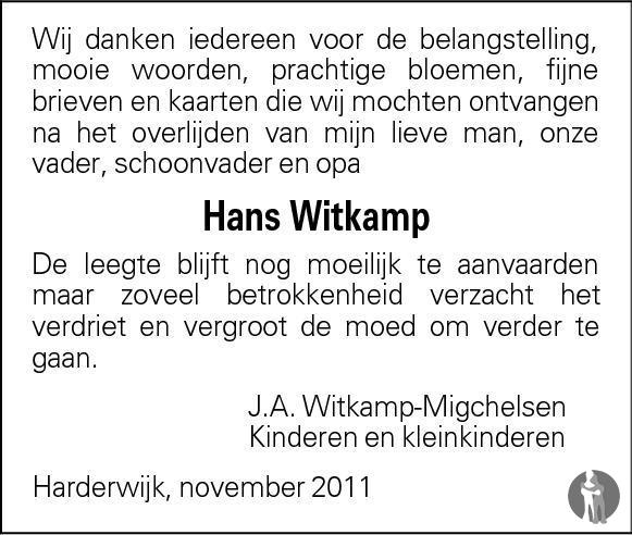Johannes Jacobus (Hans) Witkamp 15092011 overlijdensbericht en