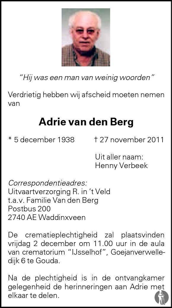 Adrie van den Berg 27-11-2011 overlijdensbericht en condoleances ...