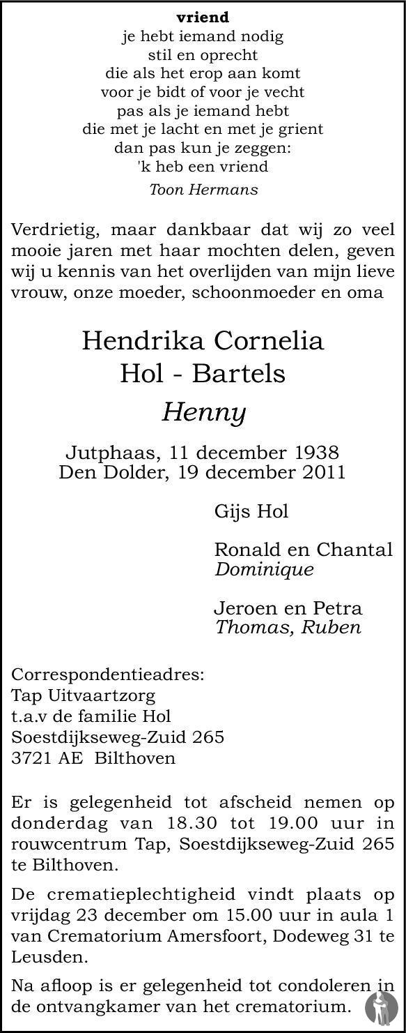 Overlijdensbericht van Hendrika Cornelia (Henny) Hol - Bartels in De Nieuwsbode
