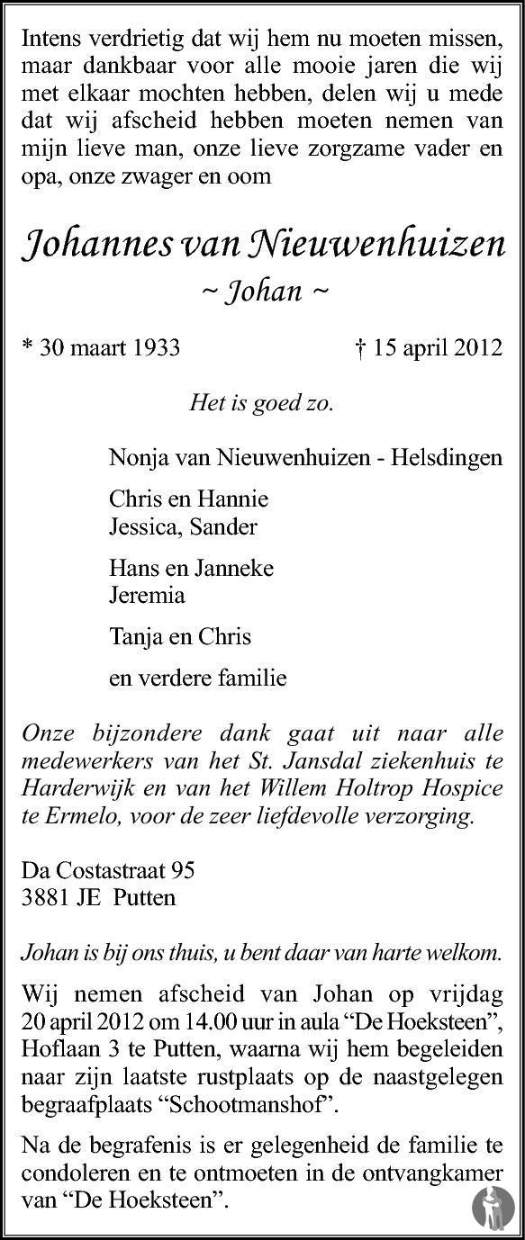 Johannes (Johan) van Nieuwenhuizen 15042012 overlijdensbericht en