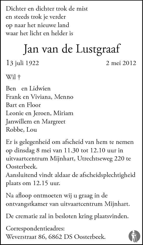 Jan van de Lustgraaf 02-05-2012 overlijdensbericht en condoleances ...