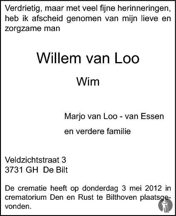 Willem (Wim) van Loo 08-05-2012 overlijdensbericht en condoleances ...