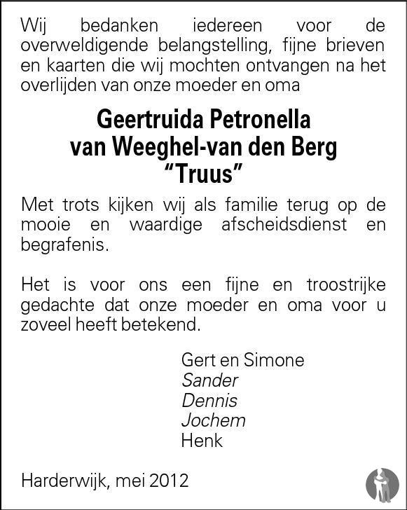 Geertruida Petronella van Weeghel van den Berg 01042012 overlijdensbericht en condoleances Geertruida Petronella van Weeghel van den Berg 01042012 overlijdensbericht en condoleances