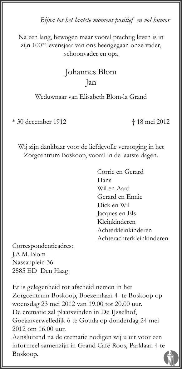 Johannes (Jan) Blom 18052012 overlijdensbericht en condoleances