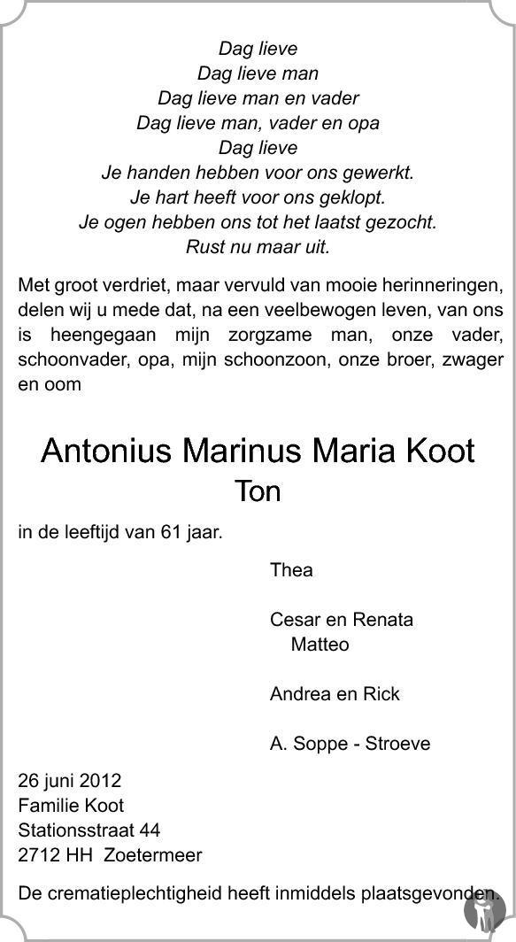 Overlijdensbericht van Antonius Marinus Maria (Ton)  Koot in Streekblad