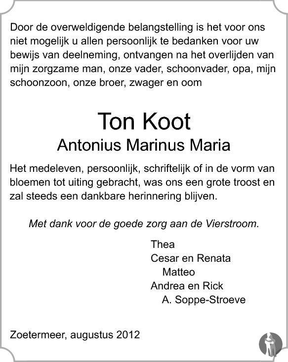 Overlijdensbericht van Antonius Marinus Maria (Ton)  Koot in Streekblad