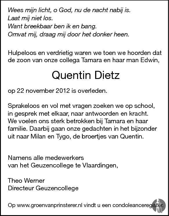 Quentin Dietz 22112012 overlijdensbericht en condoleances Mensenlinq.nl