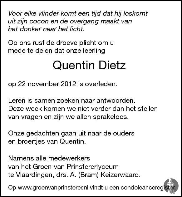 Quentin Dietz 22112012 overlijdensbericht en condoleances Mensenlinq.nl