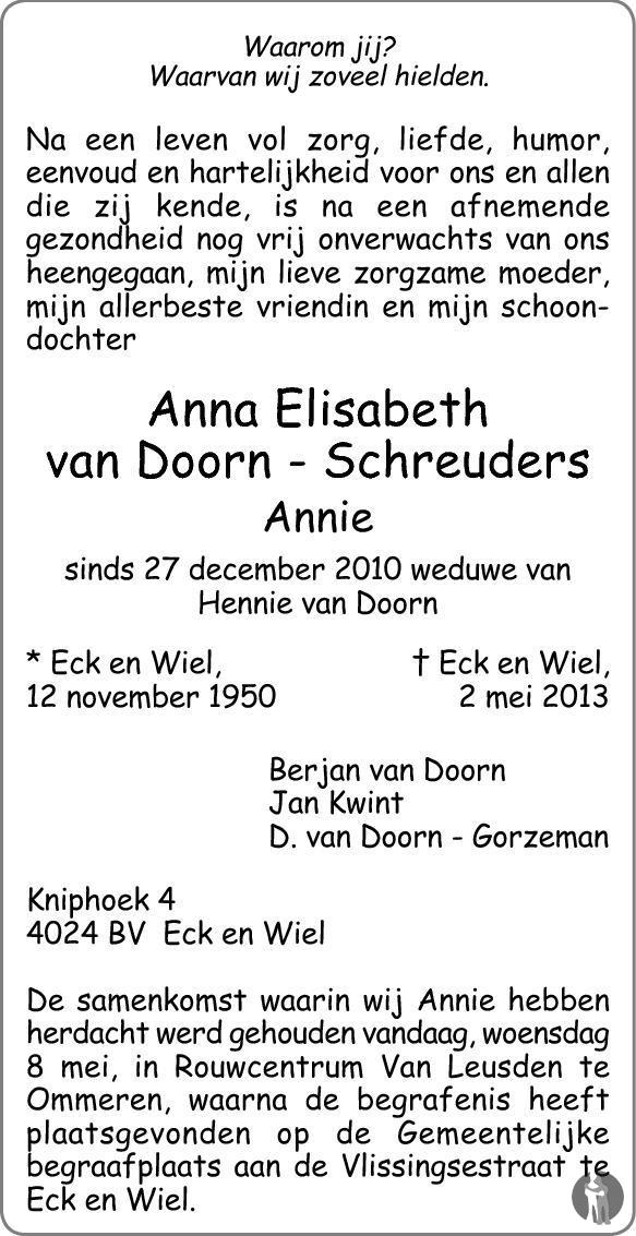 Anna Elisabeth van Doorn - Schreuders 02-05-2013 overlijdensbericht en ...