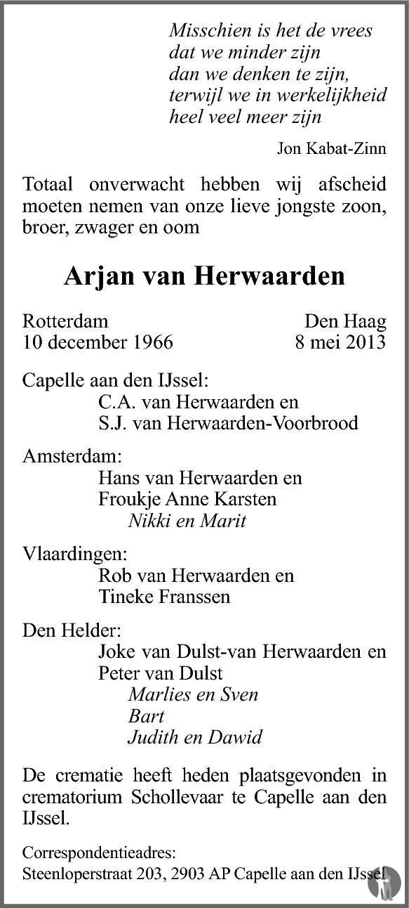 Arjan van Herwaarden 08-05-2013 overlijdensbericht en condoleances ...