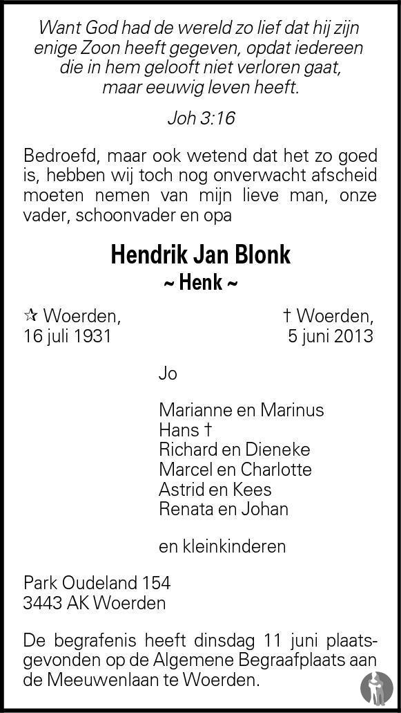 Hendrik Jan Henk Blonk Overlijdensbericht En Condoleances Mensenlinq Nl