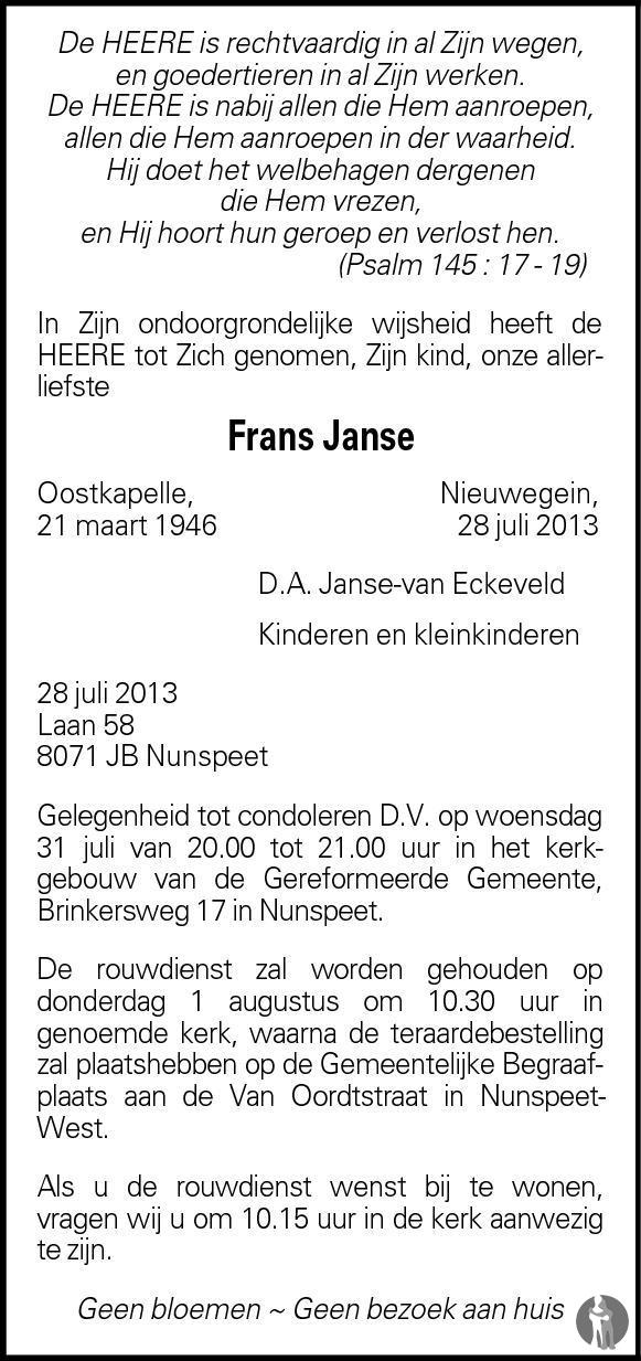 Frans Janse 28-07-2013 overlijdensbericht en condoleances - Mensenlinq.nl