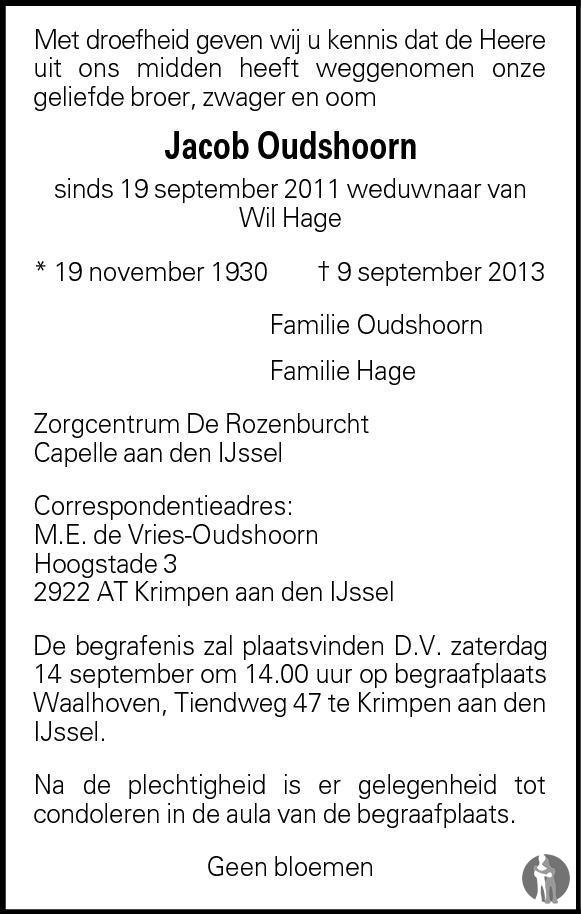 Jacob Oudshoorn 09092013 overlijdensbericht en condoleances