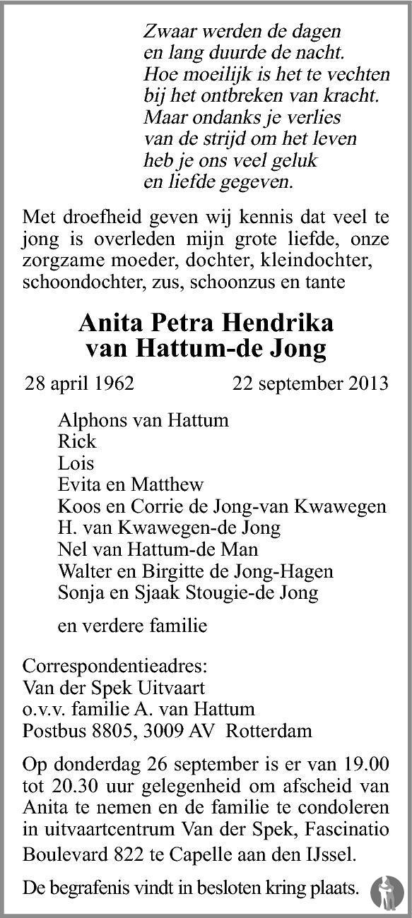 Anita Petra Hendrika van Hattum de Jong 22092013 overlijdensbericht