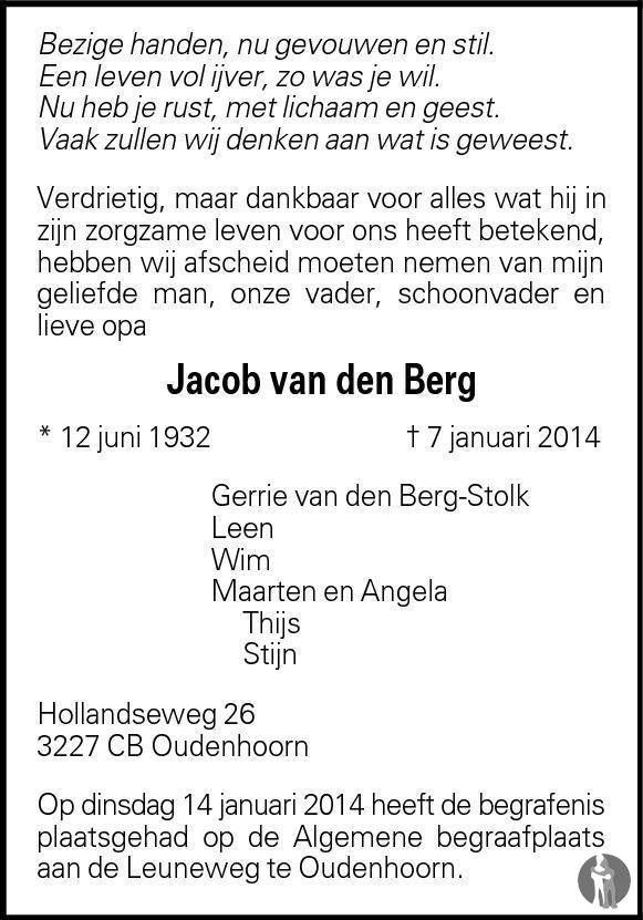 Jacob van den Berg 07-01-2014 overlijdensbericht en condoleances ...