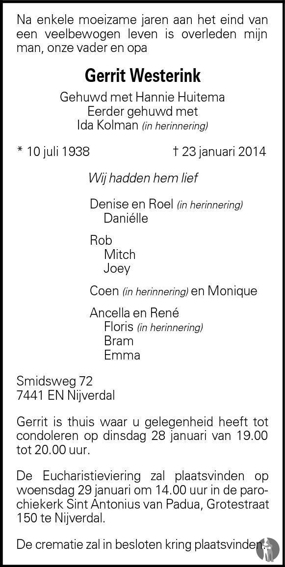 Gerrit Westerink 23-01-2014 overlijdensbericht en condoleances
