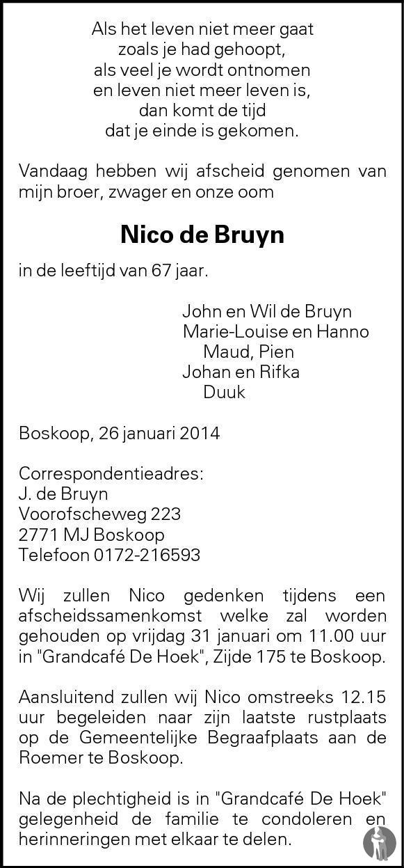 Nico De Bruyn 26 01 2014 Overlijdensbericht En Condoleances Mensenlinqnl 2457