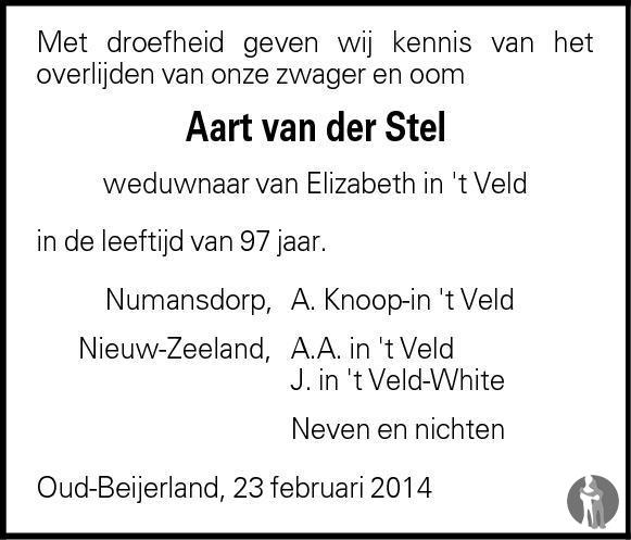 Aart van der Stel 23-02-2014 overlijdensbericht en condoleances ...