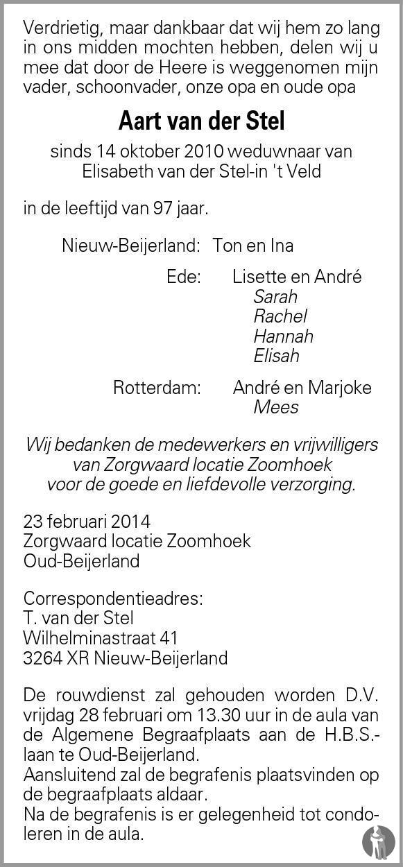 Aart van der Stel 23-02-2014 overlijdensbericht en condoleances ...