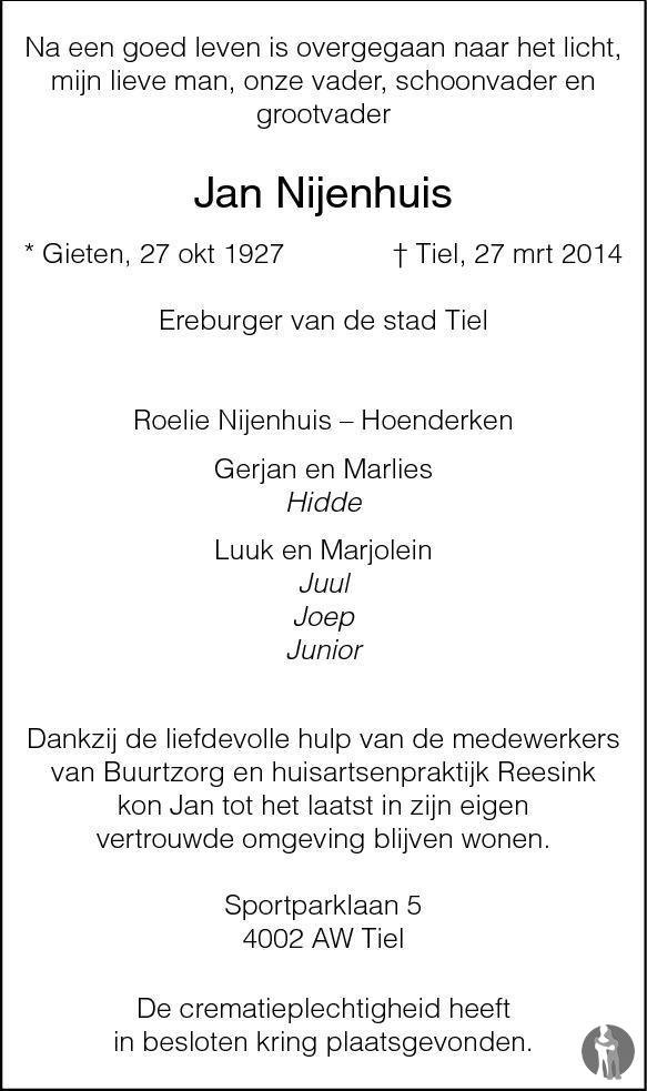 Jan Nijenhuis 27032014 overlijdensbericht en condoleances Mensenlinq.nl