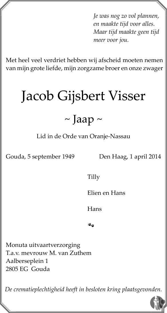 Jacob Gijsbert (Jaap) Visser 01042014 overlijdensbericht en