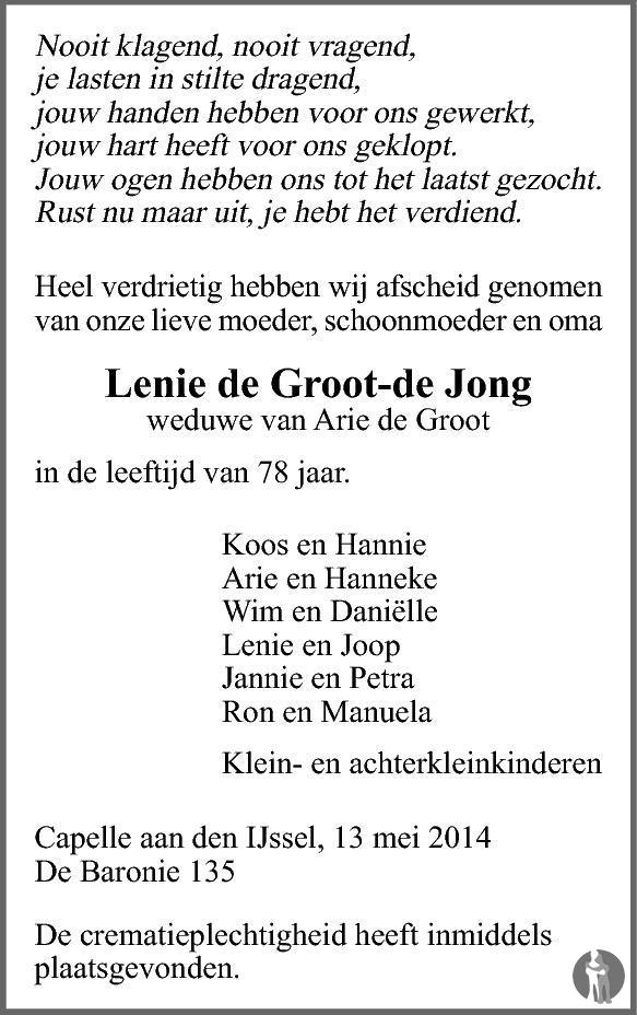 Lenie de Groot - de Jong 13-05-2014 overlijdensbericht en condoleances ...