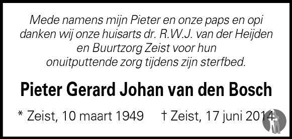 Pieter Gerard Johan van den Bosch 17-06-2014 overlijdensbericht en