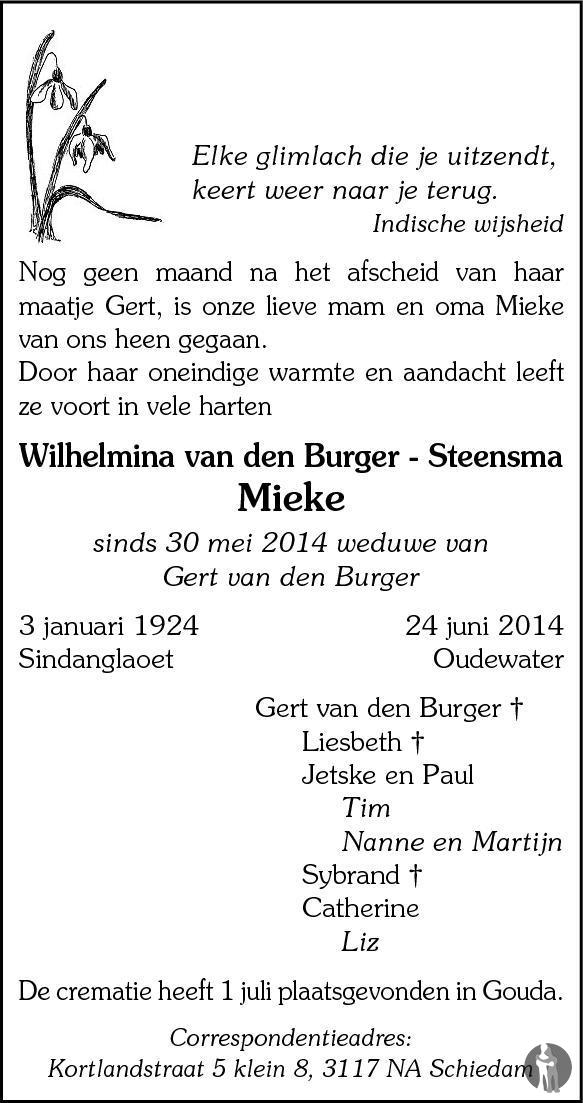 Overlijdensbericht van Wilhelmina (Mieke) van den Burger - Steensma in Zenderstreek Nieuws