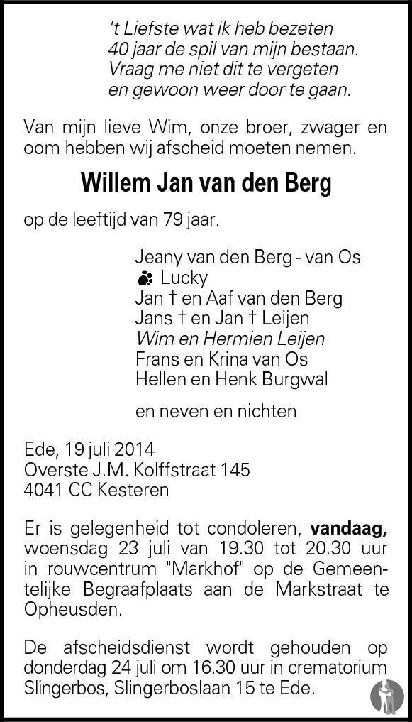 Willem Jan Van Den Berg 19-07-2014 Overlijdensbericht En Condoleances 