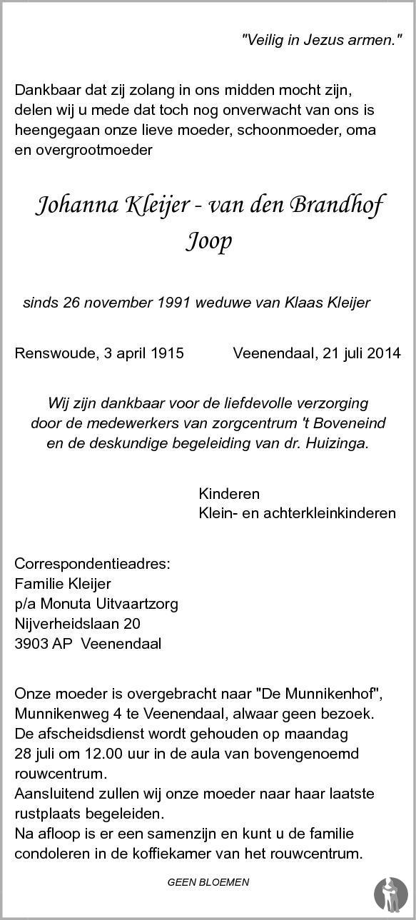 Johanna (Joop) Kleijer - van den Brandhof 21-07-2014 overlijdensbericht ...