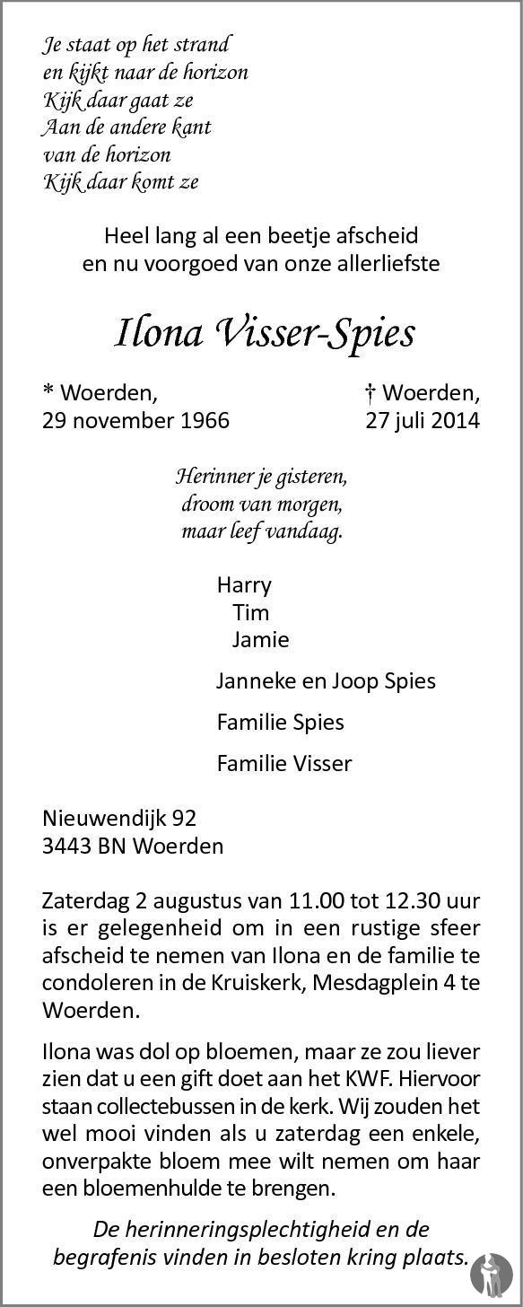 Ilona Visser - Spies 27-07-2014 overlijdensbericht en condoleances ...