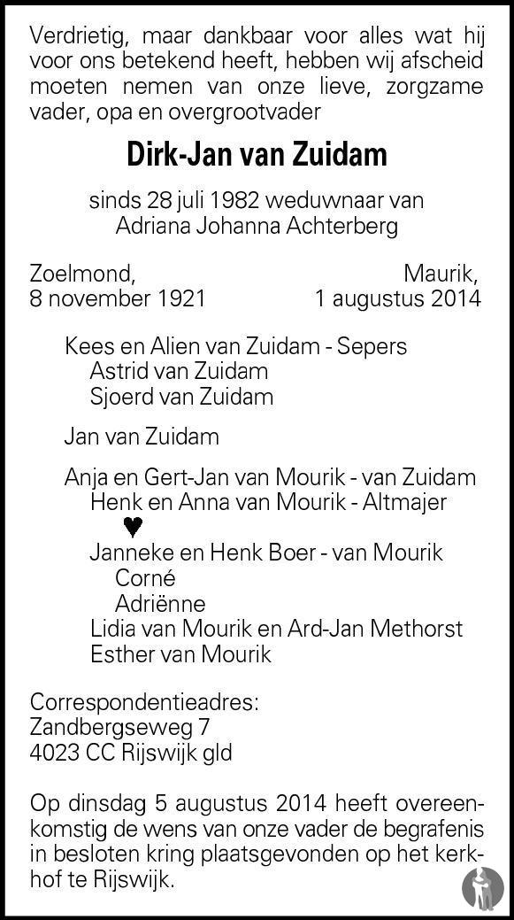 Dirk-Jan van Zuidam 01-08-2014 overlijdensbericht en condoleances ...