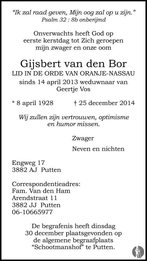 Gijsbert van den Bor 25-12-2014 overlijdensbericht en condoleances ...